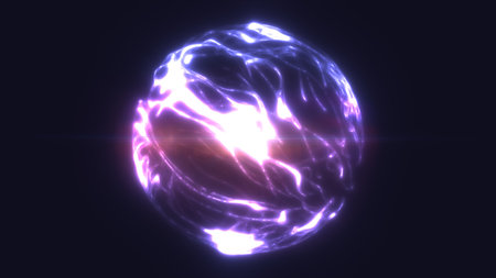 Bright violet energy orb glowing in darkness, symbolizing power, mysticism, and futuristic energy flow.の写真素材