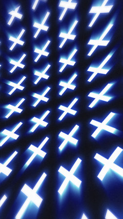 Futuristic glowing blue neon crosses in perspective, digital abstract background.の写真素材