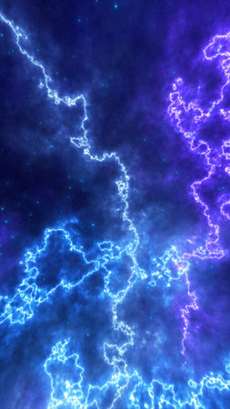 Abstract glowing cosmic lightning streaks across a deep blue space background, symbolizing energy, power, and futuristic technology.の写真素材