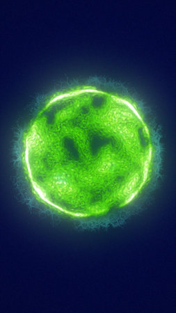 Abstract glowing green energy sphere radiating vibrant light and cosmic power on a dark futuristic background.の写真素材