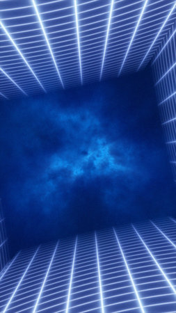 Abstract glowing blue neon grid with digital perspective sky, futuristic sci-fi cyber background.の写真素材