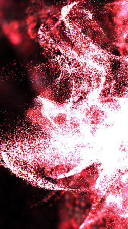 Abstract visualization of glowing red and white energy particles exploding dynamically on a dark...