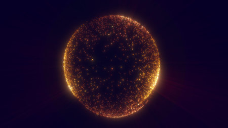 Radiant golden sphere made of glowing particles forming a shimmering cosmic globe in darkness.の写真素材