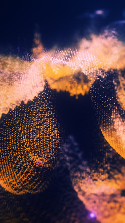 Flowing waves of glowing orange and yellow particles forming an abstract digital landscape of energy...