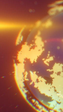 Futuristic glowing golden globe with pixelated continents and light flare abstract background.
