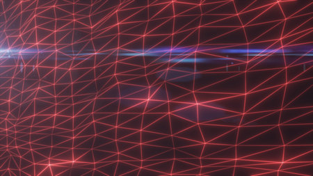 Abstract red neon mesh grid with luminous wireframe triangles and reflections on dark background.