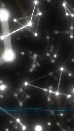 Abstract glowing white network of connected dots and lines on a dark background, symbolizing digital...