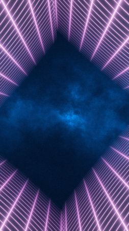 Futuristic neon tunnel with glowing purple grid and deep blue atmospheric background.
