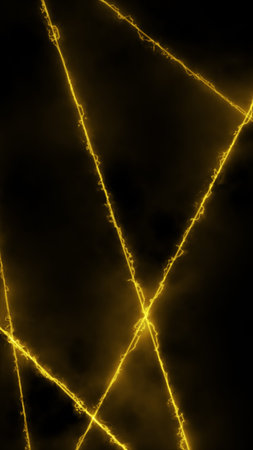 Abstract golden electric lines crossing over a dark smoky background, creating a dynamic futuristic...