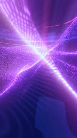 Abstract glowing wave of neon lights and particles forming vibrant digital motion on dark...