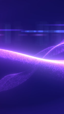 Abstract glowing purple wave of digital light particles moving smoothly across a dark futuristic...