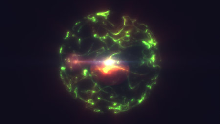 Abstract sphere glowing with green and orange plasma light, symbolizing energy fusion and transformation.の写真素材