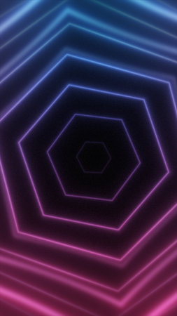 Abstract futuristic glowing neon hexagon tunnel with radiant light gradients creating digital geometric symmetry.の写真素材