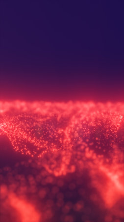 Abstract glowing red particle field creating a wave-like digital landscape on a dark background.の写真素材