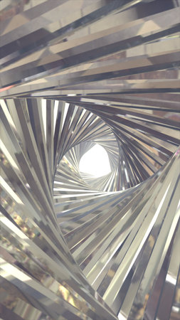 Shiny metallic ribbons twisting into a bright spiral tunnel, creating a futuristic abstract structure.の写真素材