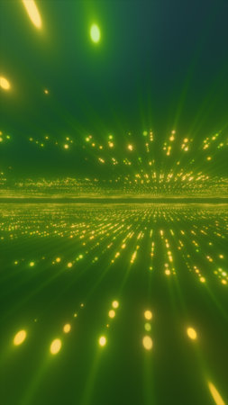 Green glowing particles forming digital tunnel with abstract perspective lights.の写真素材