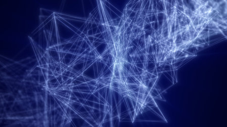 Abstract network of glowing blue connections and nodes forming a digital web structure on a dark...