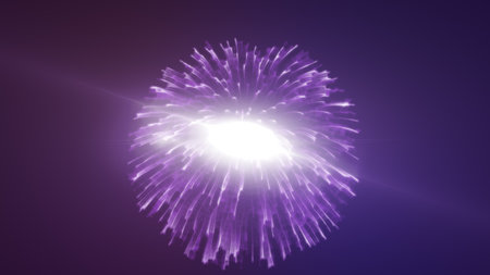 Abstract glowing purple light burst resembling a star explosion radiating vivid energy in a cosmic space.の写真素材