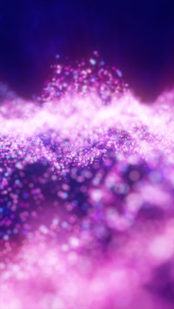 Abstract purple and pink glowing light particles forming a wave of shimmering cosmic energy.の写真素材