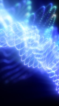 A glowing blue web of interconnected particles, forming a futuristic, fluid network with vibrant light trails and energy flow.の写真素材