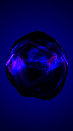 Dark glowing abstract sphere with blue and purple light reflections on deep background.の写真素材