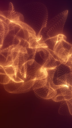Abstract visualization of flowing golden light particles creating soft, dynamic motion on a dark background.の写真素材