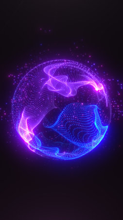 Glowing digital sphere made of purple and blue dots on a dark background.の写真素材