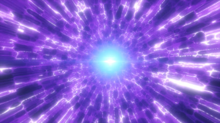 Purple glowing tunnel with bright blue light core and dynamic abstract luminous energy flow.