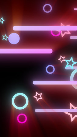 olorful neon stars and lines on dark background, glowing abstract motion design.