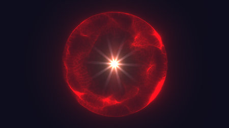 Intense red plasma sphere emitting radiant energy and glowing starburst light in dark space.の写真素材