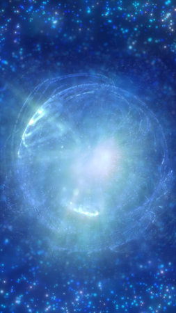 Radiant blue cosmic vortex with swirling particles and bright central light forming a dynamic...
