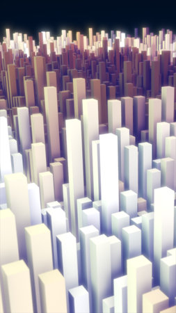 Abstract 3D cityscape made of glowing pastel blocks, symbolizing futuristic architecture and urban innovation.の写真素材