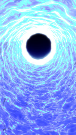 Abstract glowing blue energy vortex with bright central core and dynamic fluid patterns.の写真素材