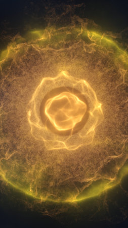 Abstract golden energy core with layered ripples and glowing textures forming a radiant circular...