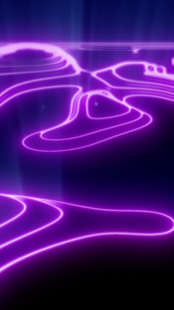 Glowing purple neon waves creating futuristic abstract surface.の写真素材