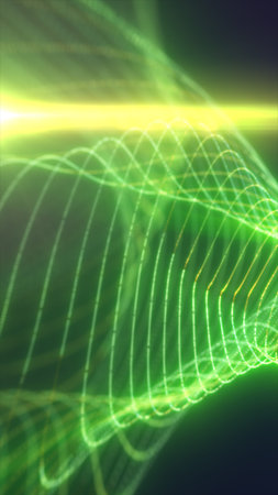 Abstract green digital wave glowing with light and energy, symbolizing technology and futuristic...
