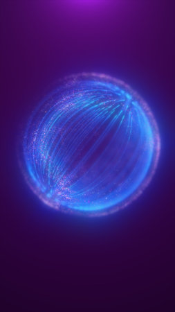 Glowing blue energy sphere surrounded by light trails and particles on a purple background,...
