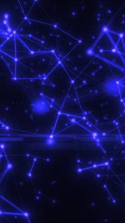 Abstract glowing blue digital network with connected nodes, symbolizing communication, data...