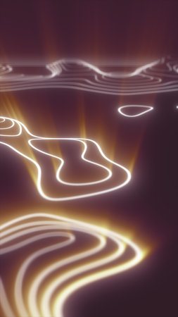 Futuristic abstract design with glowing white contour lines flowing like waves on dark illuminated surface.の写真素材