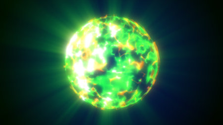 Intense green-yellow plasma sphere with glowing molten textures and radiant cosmic light burst.の写真素材