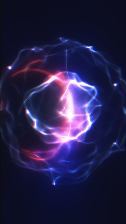 A mysterious, glowing sphere filled with energy waves in purple and blue hues. The glowing surface...