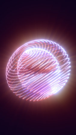 Futuristic glowing pink and purple neon sphere with spiral light trails.