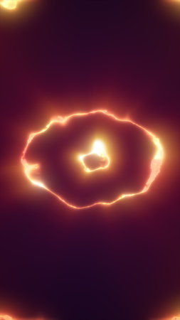 Glowing orange plasma ring emitting bright light and heat on a dark background, resembling energy flow.の写真素材