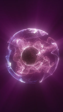 Glowing pink sphere formed by swirling particle lines creating a radiant geometric structure.