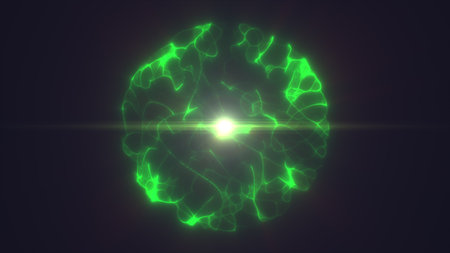 Glowing green plasma sphere radiating bright light and energy waves in a dark cosmic background.の写真素材