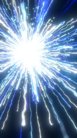Abstract glowing blue firework explosion with radiant light and sparkling energy trails in dark...