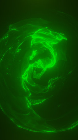 Abstract swirling green vortex of glowing energy forming a spiral motion in a dark space.の写真素材