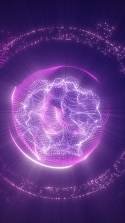 A glowing, purple-tinted sphere made up of bright, sparkly particles spinning in a cosmic space.