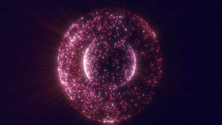 Radiant pink spherical shell made of luminous particles emitting soft cosmic light.