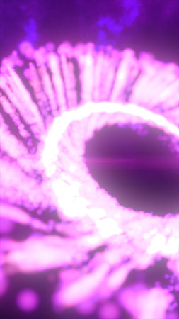 Glowing magenta spiral of energy particles swirling in motion, forming an abstract light tunnel.